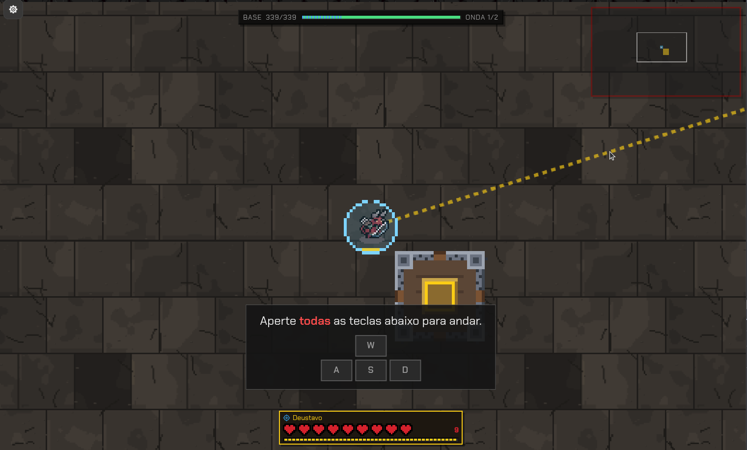 Primeira partida do tutorial: o jogador ao lado da base no chão de pedra, com o HUD marcando "BASE 339/339" e "ONDA 1/2", e a faixa do tutorial embaixo pedindo "Aperte todas as teclas abaixo para andar" com as teclas W, A, S e D desenhadas
