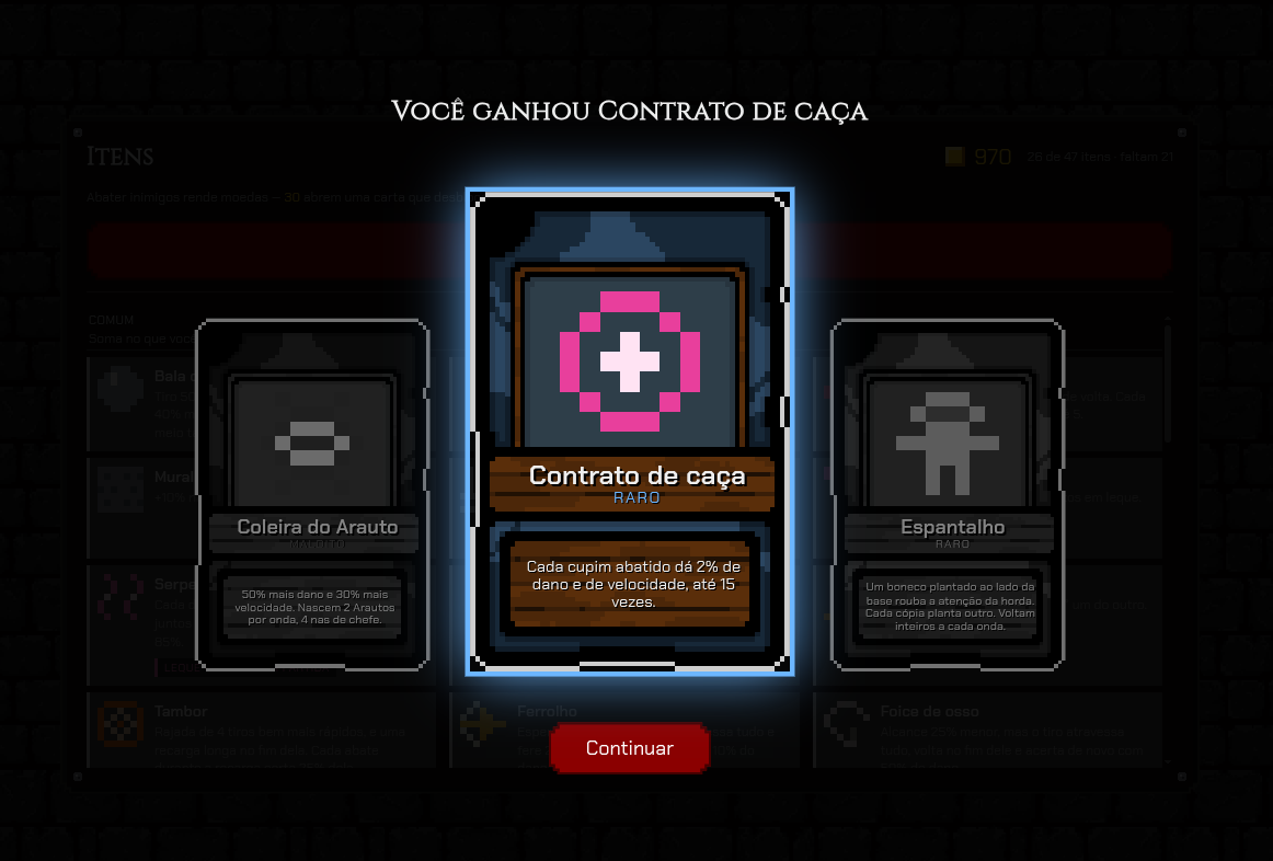 A Loja da aba "Itens" com 970 moedas e 26 de 47 itens: a compra acabou de ser aberta e as três cartas estão viradas para cima. "Contrato de caça", raro, no meio e em destaque sob o aviso "Você ganhou Contrato de caça", com "Coleira do Arauto" e "Espantalho" apagadas dos lados e o botão "Continuar" embaixo